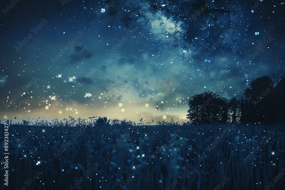A vast starry sky over a field with trees silhouetted against the horizon. The sky is filled with twinkling stars and a hint of a milky way. A vast starry sky over a field with trees silhouetted against the horizon. The sky is filled with twinkling stars and a hint of a milky way.