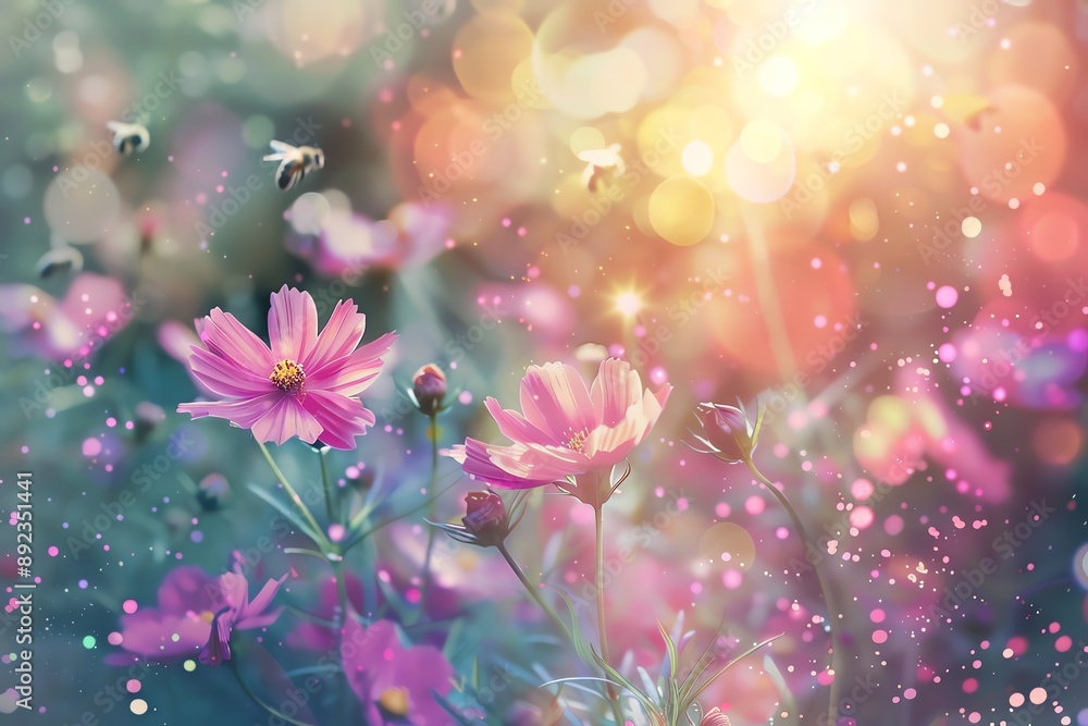 A vibrant field of pink flowers bathed in warm sunlight, with bees flitting among them. The background is a soft blur of color and light, creating a dreamy atmosphere. A vibrant field of pink flowers bathed in warm sunlight, with bees flitting among them. The background is a soft blur of color and light, creating a dreamy atmosphere.