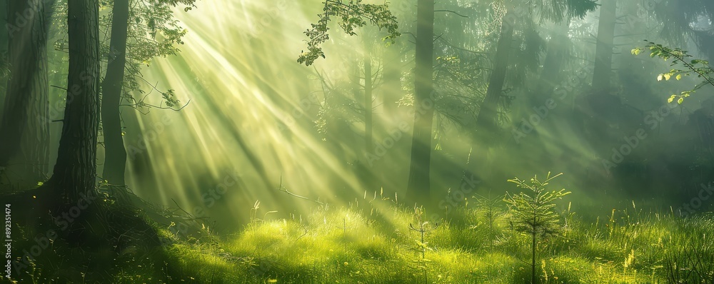Fototapeta premium Sunbeams filter through the lush greenery of a serene forest, creating a magical atmosphere. Free copy space for text.