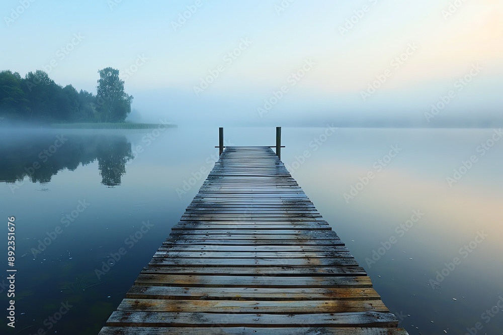 Fototapeta premium A wooden dock extends into a tranquil lake, shrouded in morning mist, creating a serene and mysterious atmosphere.