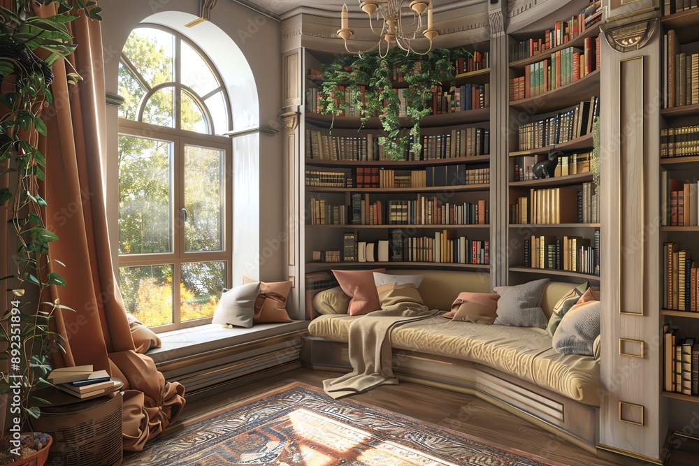 Fototapeta premium Cozy reading nook with a large window, a plush couch, and shelves full of books. Perfect for a relaxing afternoon.