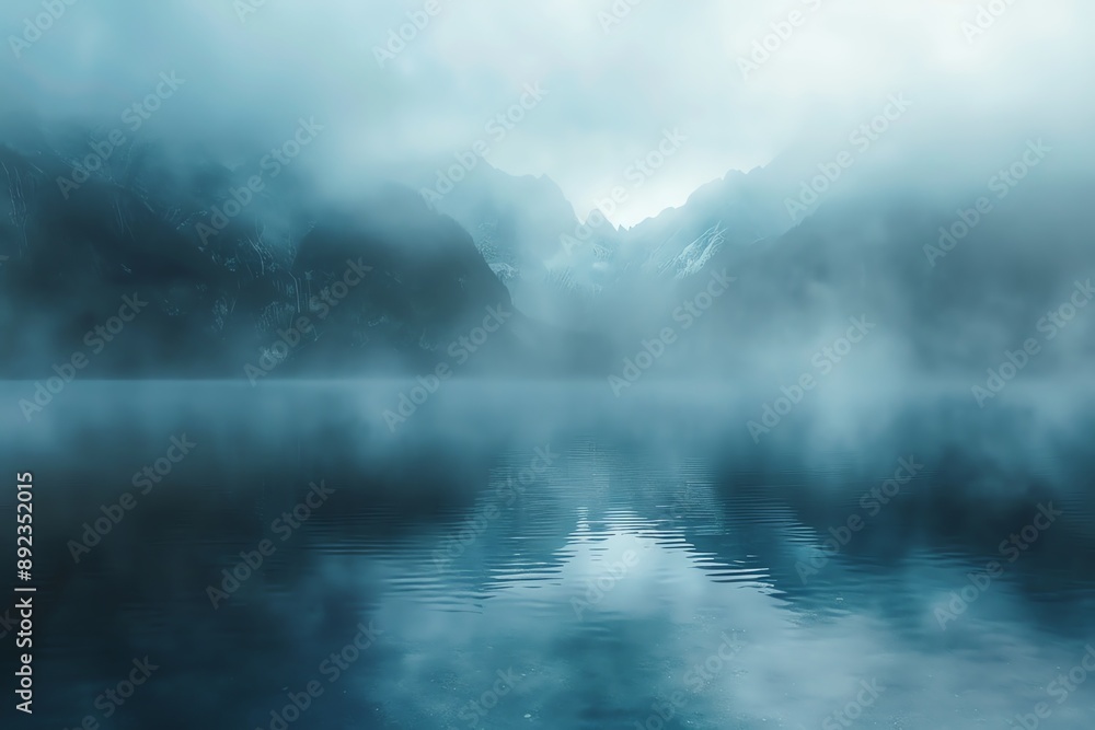 Fototapeta premium Mystical, foggy mountain lake reflecting the sky in a serene, dreamy blue.
