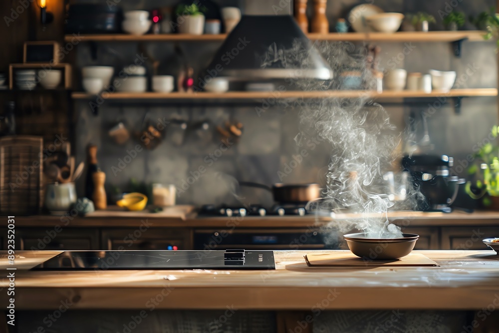 Rustic kitchen counter with steam rising from a pot, suggesting a warm and inviting atmosphere. Rustic kitchen counter with steam rising from a pot, suggesting a warm and inviting atmosphere.