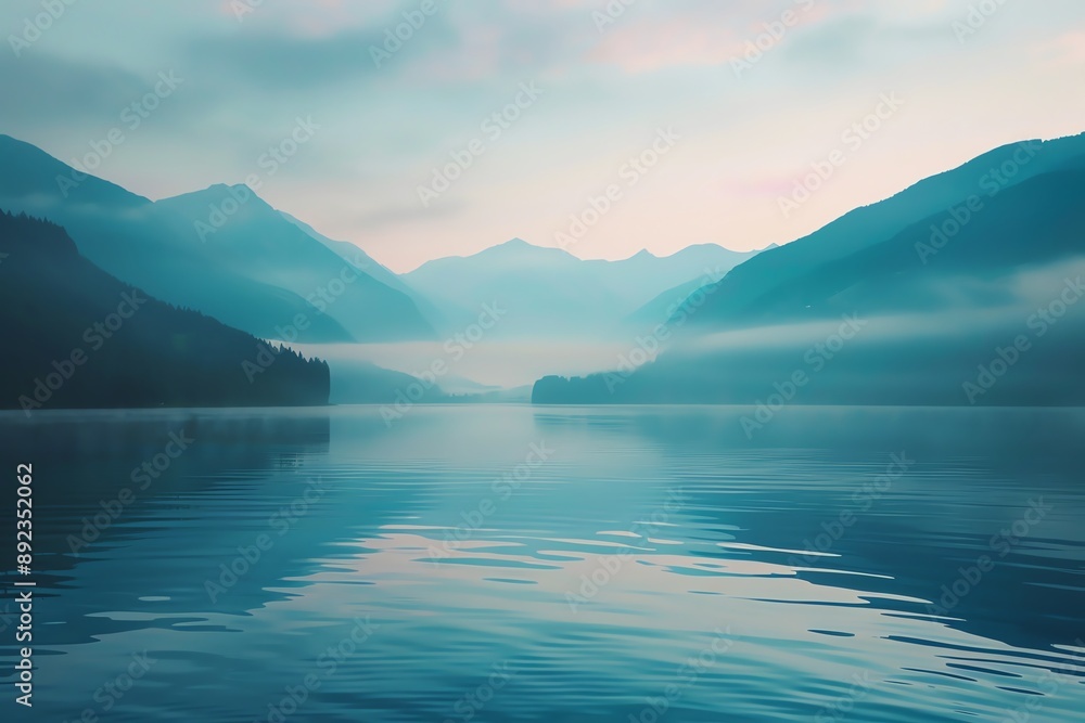 Serene landscape with mountains reflecting in a still lake, shrouded in mist. Serene landscape with mountains reflecting in a still lake, shrouded in mist.