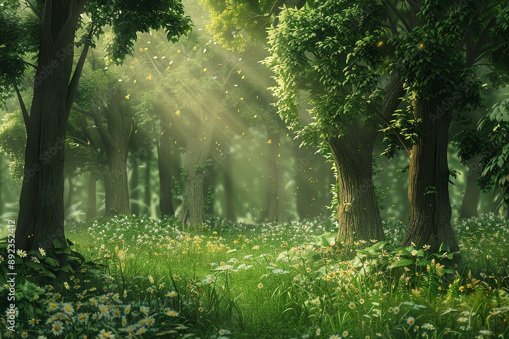 Sunlight streams through lush green trees in a vibrant forest. Sunlight streams through lush green trees in a vibrant forest.
