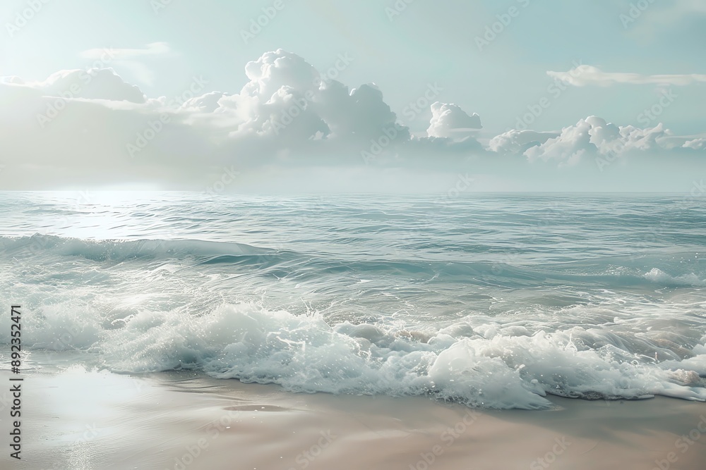 Naklejka premium Tranquil ocean scene with soft waves crashing on a sandy shore under a cloudy sky.