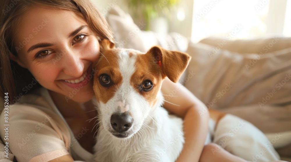 Young woman with cute Jack Russell Terrier dog on cozy sofa at home Young woman with cute Jack Russell Terrier dog on cozy sofa at home