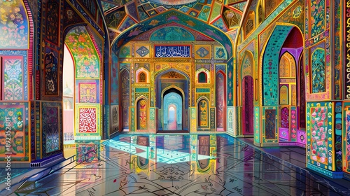 A drawing of a richly decorated interior full of colors and patterns. 