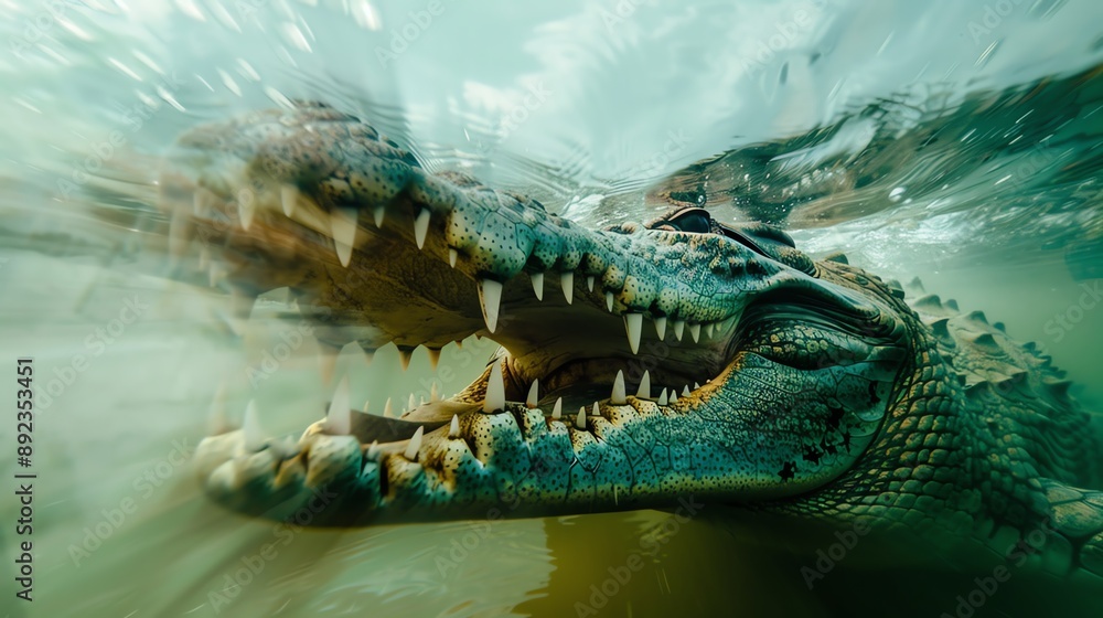 Obraz premium A crocodile with sharp teeth emerges from the water, its eyes gleaming with predatory intent.