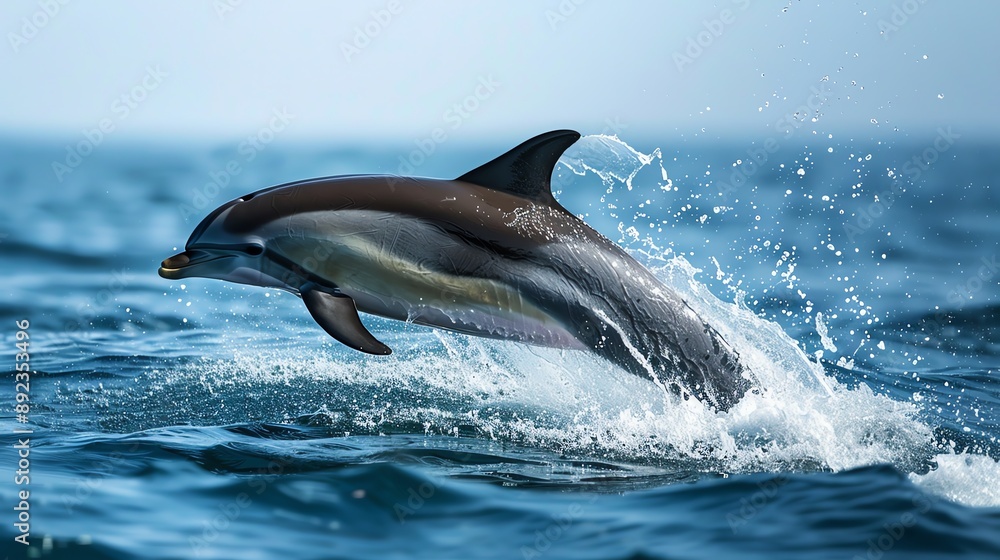 Fototapeta premium A dolphin leaps out of the water, creating a spray of water droplets