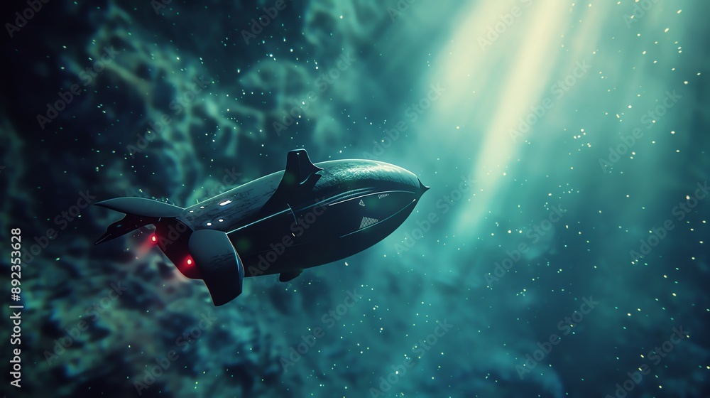 A futuristic submarine glides through the depths of the ocean, illuminated by a beam of light. A futuristic submarine glides through the depths of the ocean, illuminated by a beam of light.