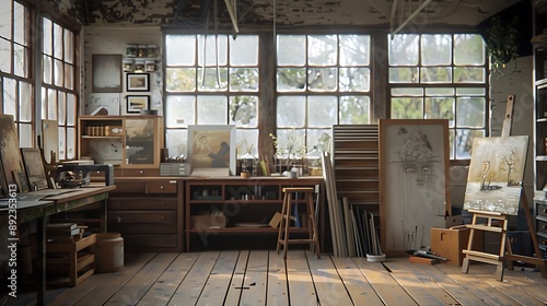 Artist's studio garage with natural light, easels, canvases, and a creative workspace