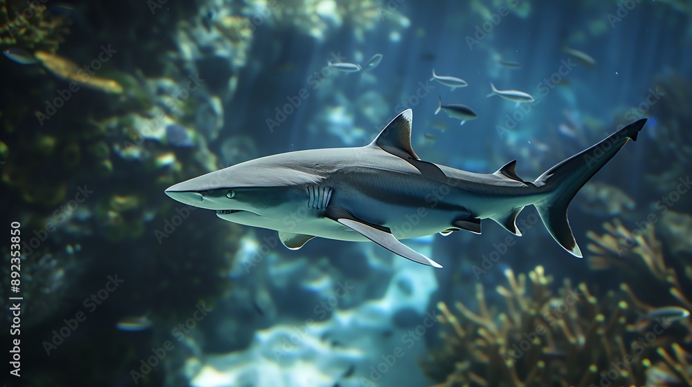 Fototapeta premium A lone shark swims through a vibrant coral reef, surrounded by smaller fish.