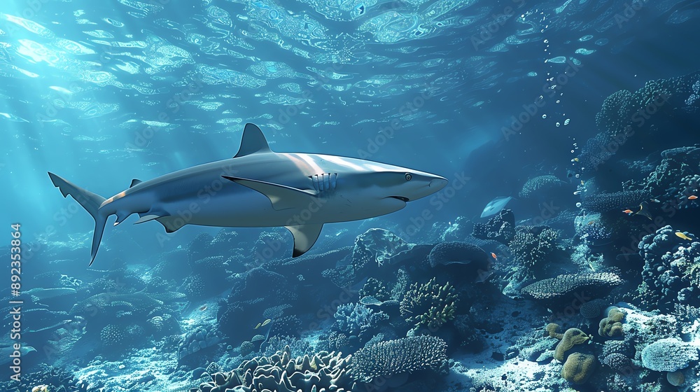 Fototapeta premium A lone shark swims through a vibrant coral reef, its sleek body blending with the turquoise waters.