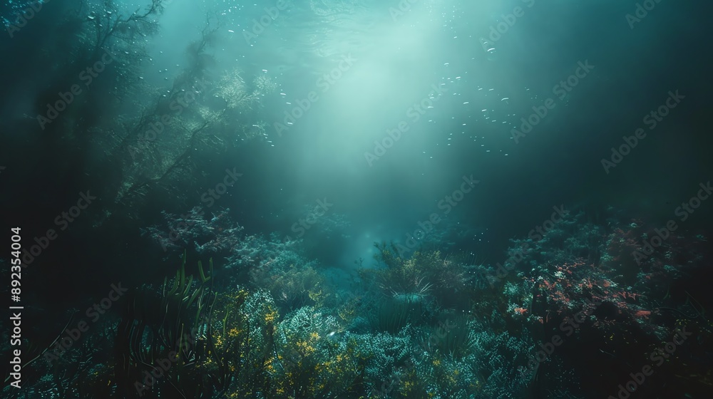 Obraz premium A mysterious underwater scene with a beam of light illuminating a path through dense kelp forest.