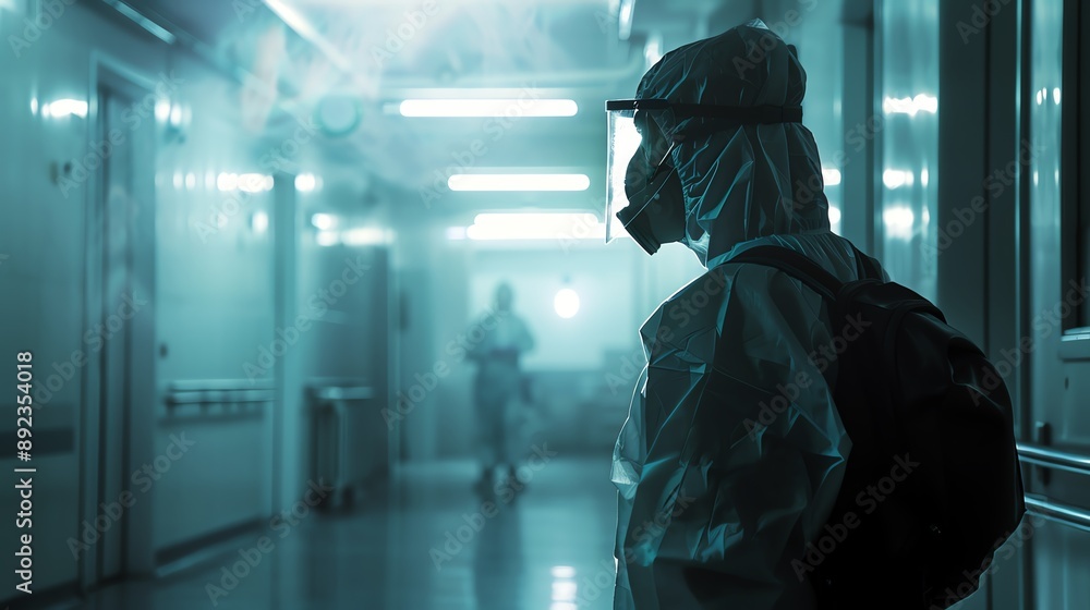 A person in a hazmat suit and respirator walks through a sterile hallway. A second figure is visible in the background. The scene is blue and hazy. A person in a hazmat suit and respirator walks through a sterile hallway. A second figure is visible in the background. The scene is blue and hazy.