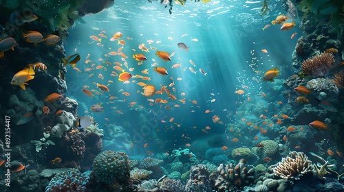 A vibrant coral reef teeming with colorful fish, bathed in sunlight. The underwater scene is a beautiful reminder of the diversity of marine life.