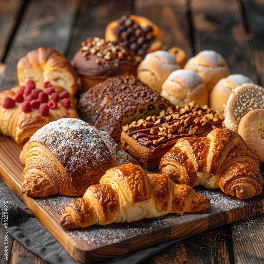 Closeup of assorted baked goods on a wooden table, including croissants, scones, and loaves, vibrant textures, soft natural light, eyelevel angle, inviting scene Closeup of assorted baked goods on a wooden table, including croissants, scones, and loaves, vibrant textures, soft natural light, eyelevel angle, inviting scene