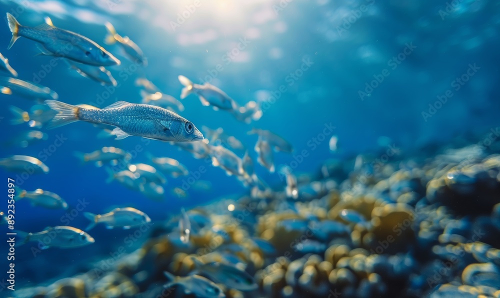Fototapeta premium Sunlight shines through the water, illuminating the varied schools of fish swimming among the coral. The play of light and shadow highlights the beauty of the underwater world.