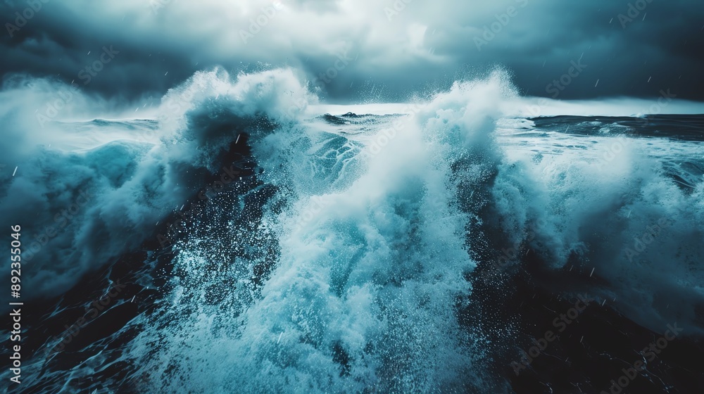 Obraz premium Dramatic, turbulent ocean waves crashing against the rocks under a stormy sky.