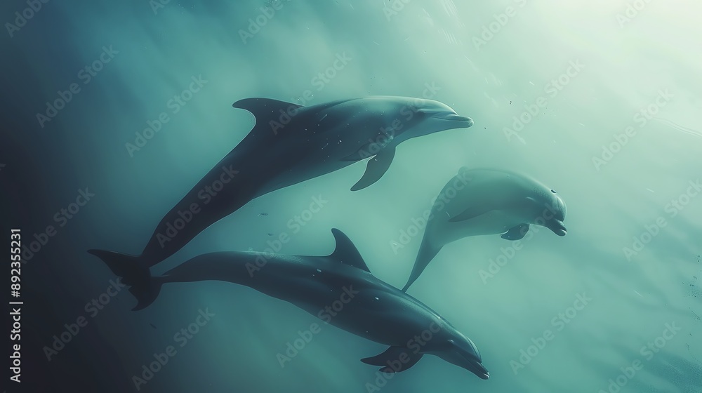 Three dolphins swim gracefully through the ocean, illuminated by sunlight filtering through the water. Three dolphins swim gracefully through the ocean, illuminated by sunlight filtering through the water.