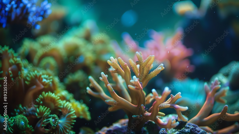 Vibrant coral reef in a turquoise ocean. The coral is a variety of colors, including pink, yellow, and green.