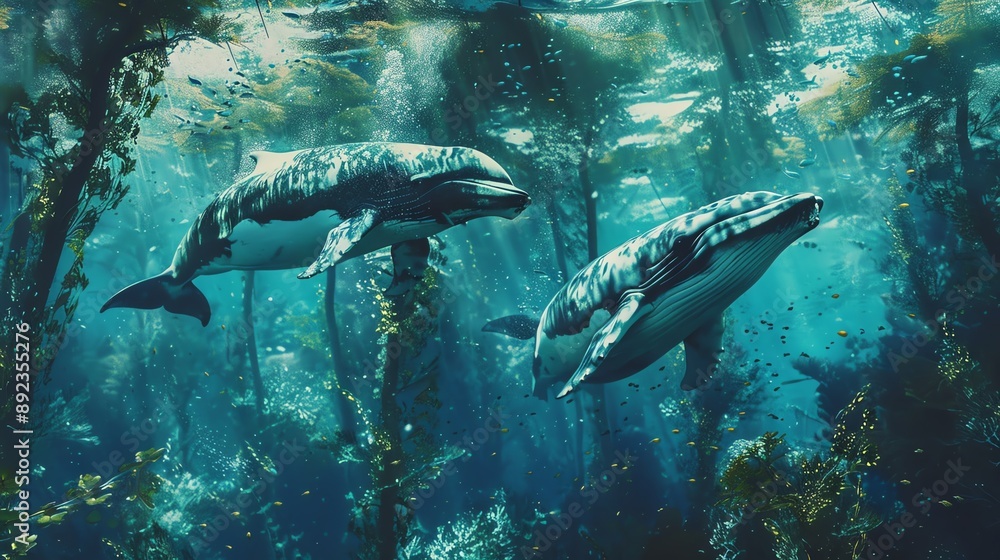 Fototapeta premium Two whales swim through a kelp forest, sunlight filtering through the water.