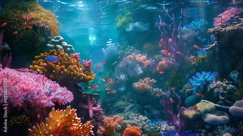 Obraz premium Vibrant coral reef teeming with colorful fish and sea life. A sunbeam illuminates the underwater scene.
