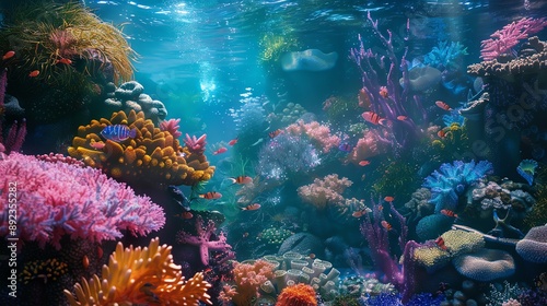 Vibrant coral reef teeming with colorful fish and sea life. A sunbeam illuminates the underwater scene.