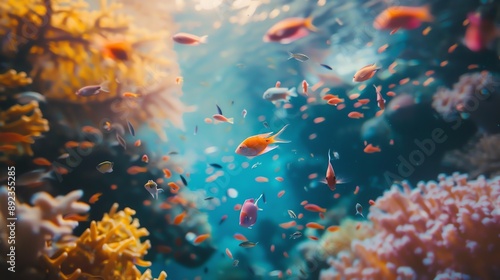 Vibrant coral reef teeming with colorful fish in a sunlit underwater scene.