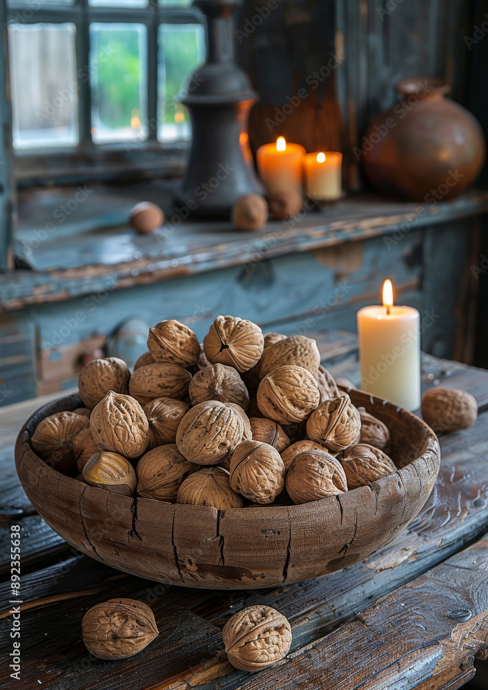 walnuts in wooden bowl with an oil candle walnuts in wooden bowl with an oil candle