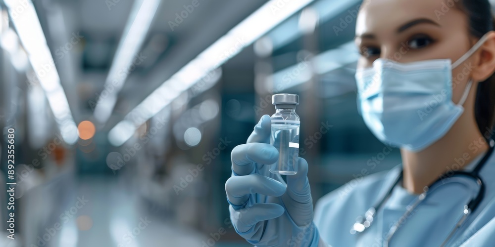 Doctor holding a vial of vaccine in a hospital setting. The concept of vaccination, viruses, pandemics, infectious diseases. Doctor holding a vial of vaccine in a hospital setting. The concept of vaccination, viruses, pandemics, infectious diseases.