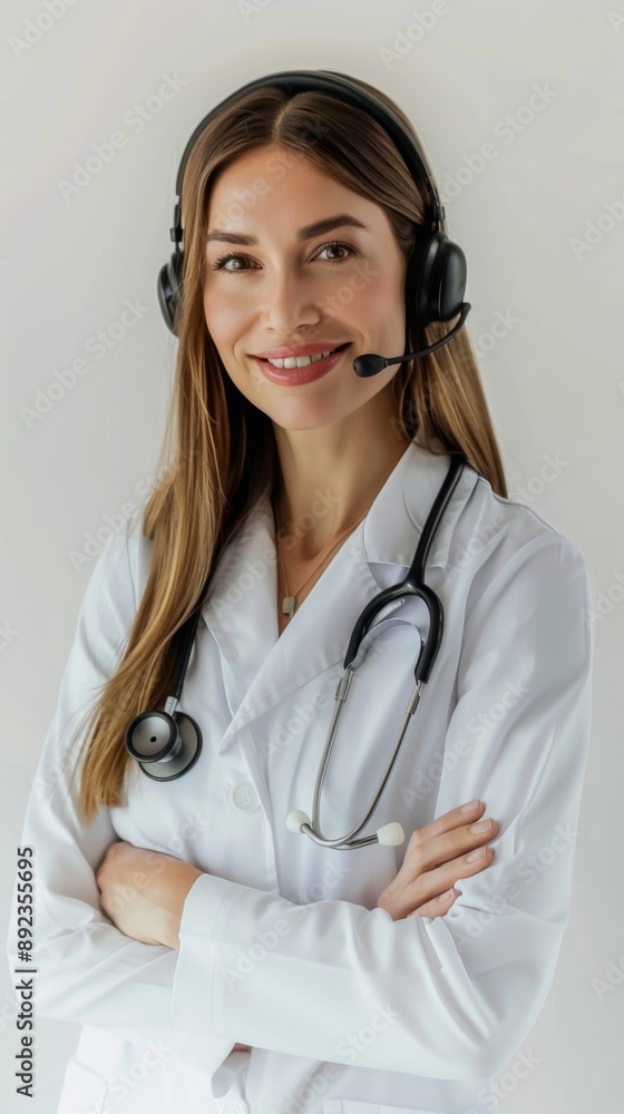portrait of smiling female doctor in headset looking at camera isolated on white portrait of smiling female doctor in headset looking at camera isolated on white