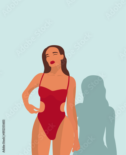 Illustration of girl in swimming costume on blue background.