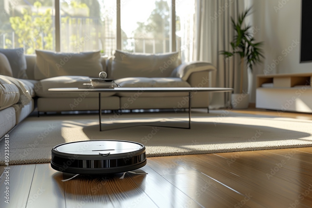 A modern living space where a robot vacuum cleaner works A modern living space where a robot vacuum cleaner works