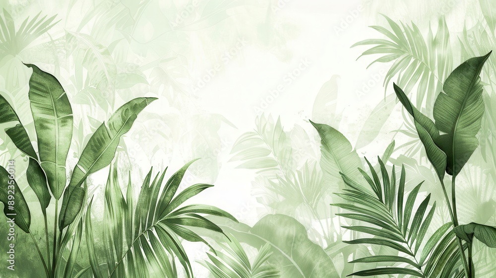 Drawing of tropical plants with soft light background, watercolor style, suitable for art projects, leafy background. Drawing of tropical plants with soft light background, watercolor style, suitable for art projects, leafy background.