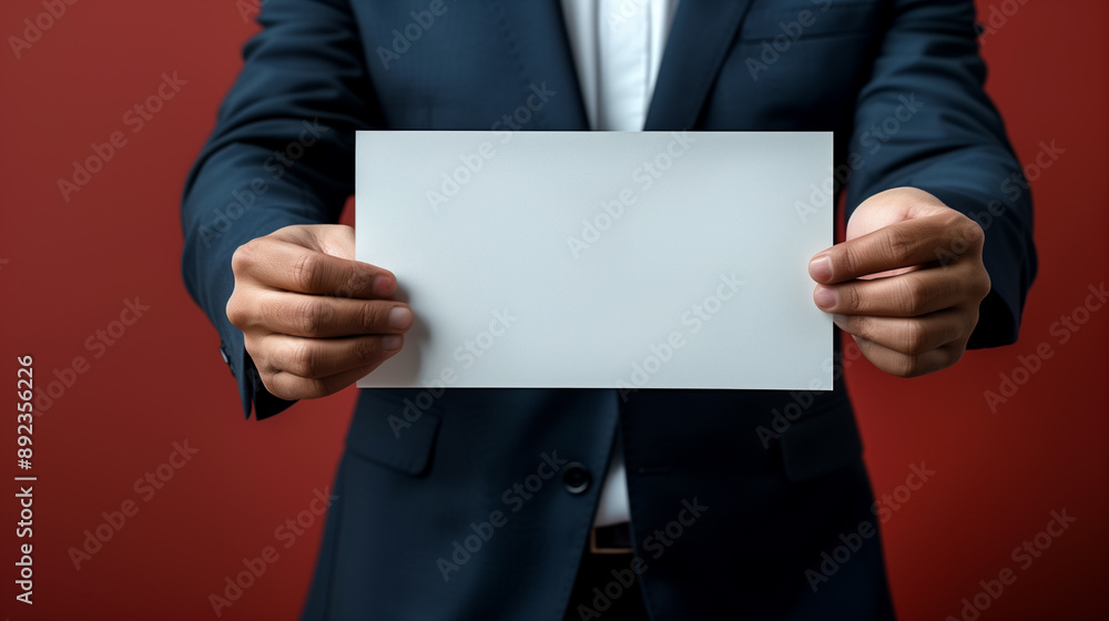 Middle shot of a person wearing business suit and holding a blank white paper little banner mockup Middle shot of a person wearing business suit and holding a blank white paper little banner mockup