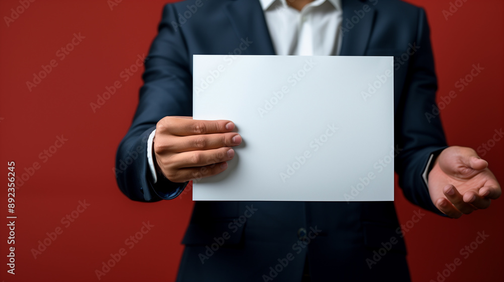 Middle shot of a person wearing business suit and holding a blank white paper little banner mockup Middle shot of a person wearing business suit and holding a blank white paper little banner mockup