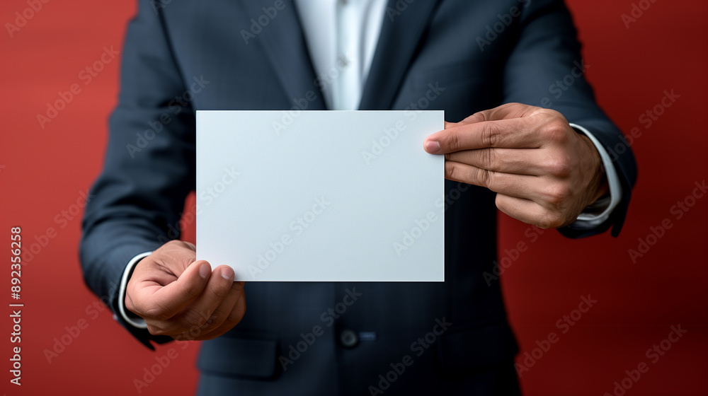 Middle shot of a person wearing business suit and holding a blank white paper little banner mockup Middle shot of a person wearing business suit and holding a blank white paper little banner mockup