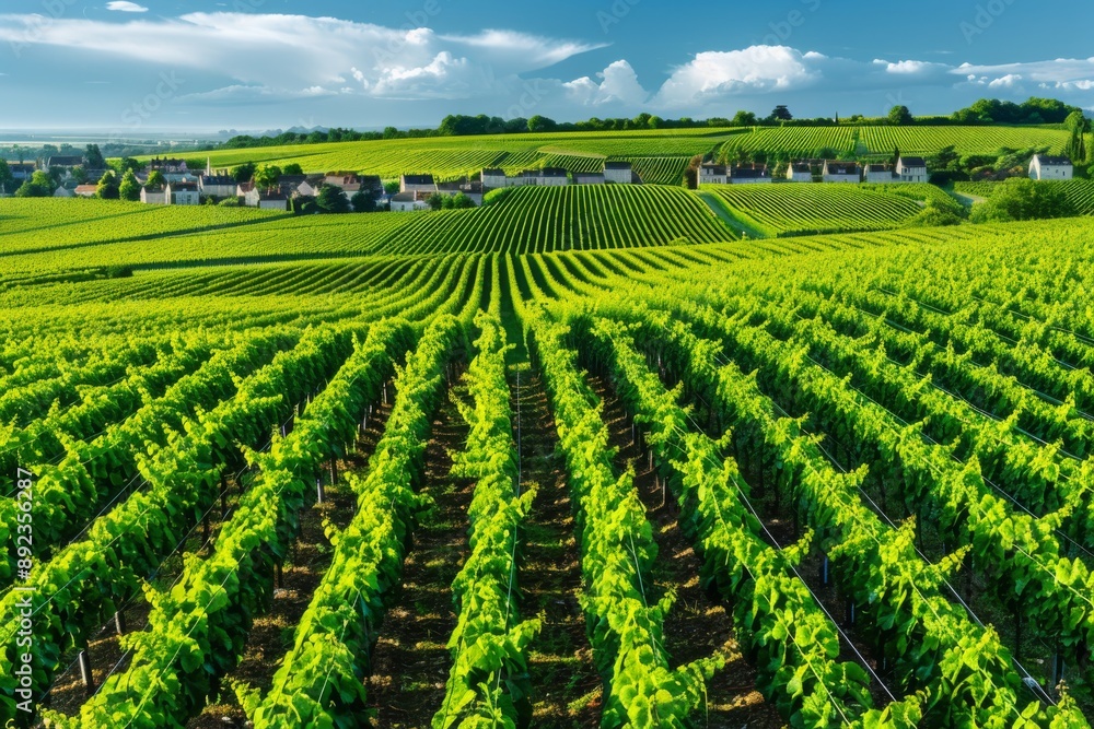Champagne vineyards with row vine grape with village in the background, surrounded by the beautiful French countryside Champagne vineyards with row vine grape with village in the background, surrounded by the beautiful French countryside