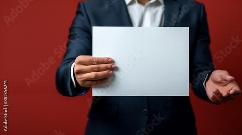 Middle shot of a person wearing business suit and holding a blank white paper little banner mockup