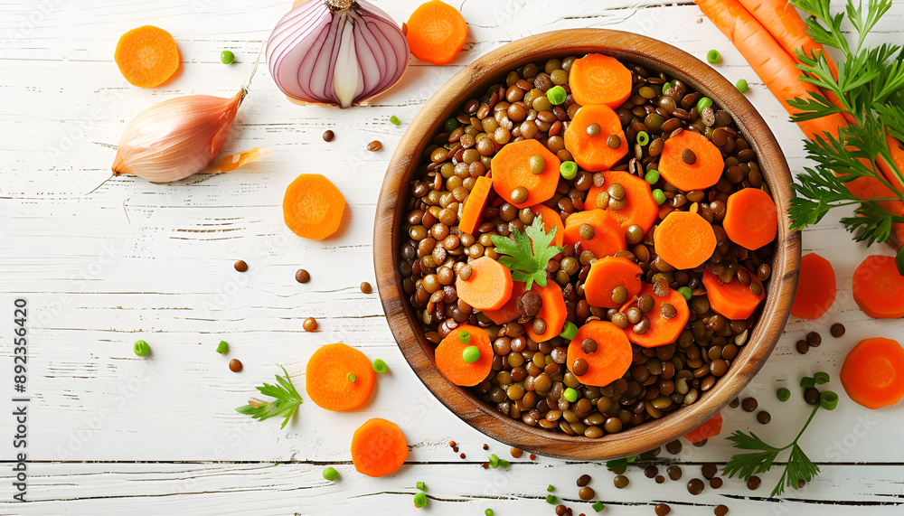Lentil with carrot and onion in wooden bowl. Healthy lifestyle. Diet menu. Flat lay. Top view Lentil with carrot and onion in wooden bowl. Healthy lifestyle. Diet menu. Flat lay. Top view