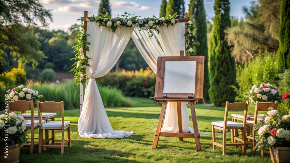Rustic wooden easel stands alone on a lush outdoor wedding ceremony setup with a blank poster and flowing white drapes. Rustic wooden easel stands alone on a lush outdoor wedding ceremony setup with a blank poster and flowing white drapes.