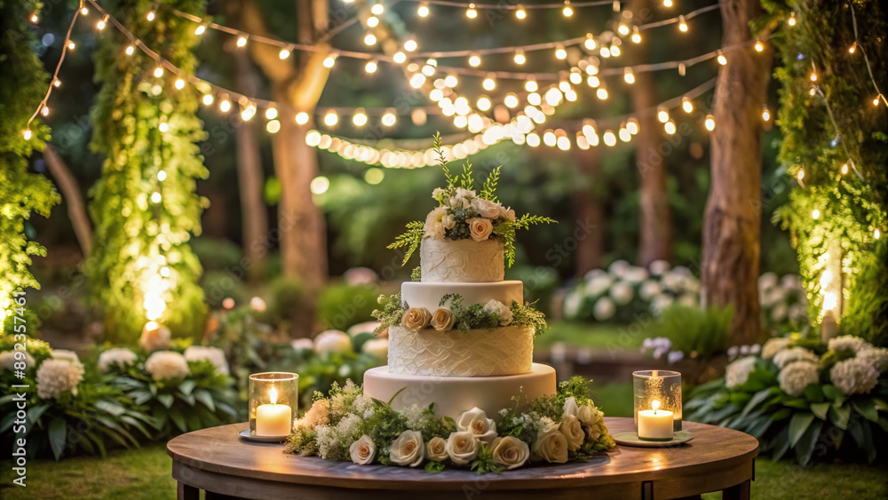 Obraz premium Softly lit twilight garden wedding atmosphere features elegant buttercream cake with intricate lace details and bespoke monogram, surrounded by lush greenery and twinkling string lights.