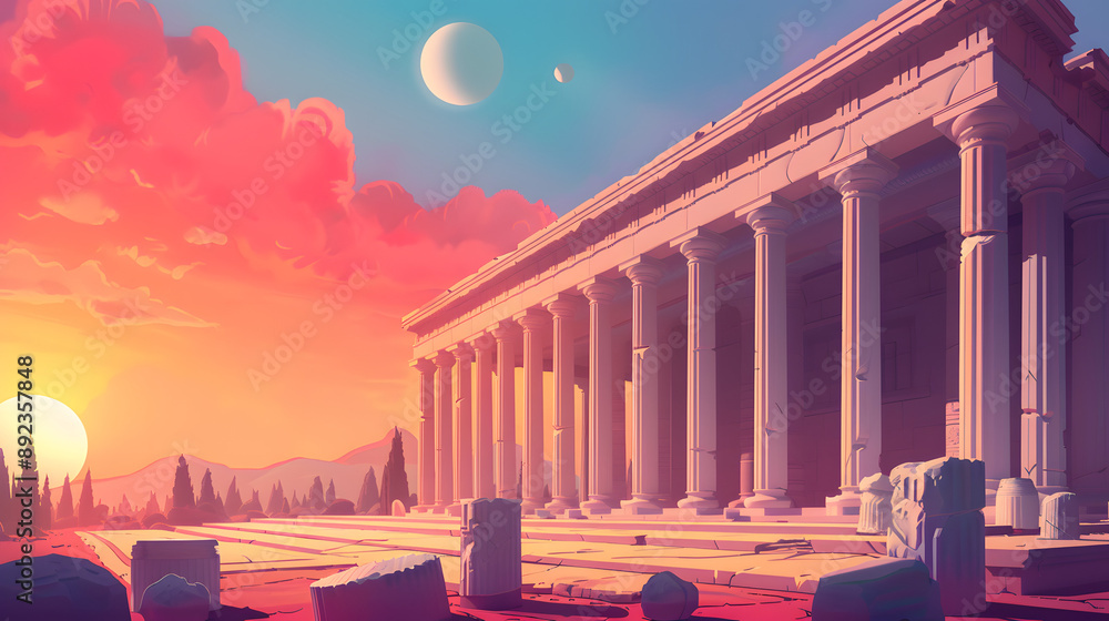 Obraz premium The temple of ancient greek gods and goddess in the mountains and trees background, in the cartoon style