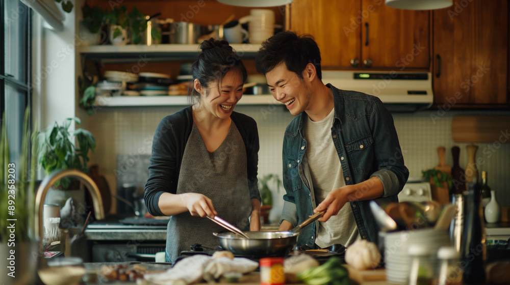 Young Asian couple laughing while cooking together in a kitchen. Young Asian couple laughing while cooking together in a kitchen.