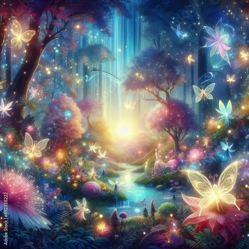 Magical World with lights and fairy illustration ai generated