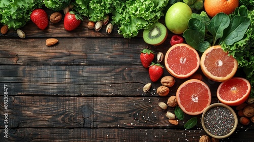 A variety of fresh fruits, greens, and nuts are scattered on a rustic wooden table