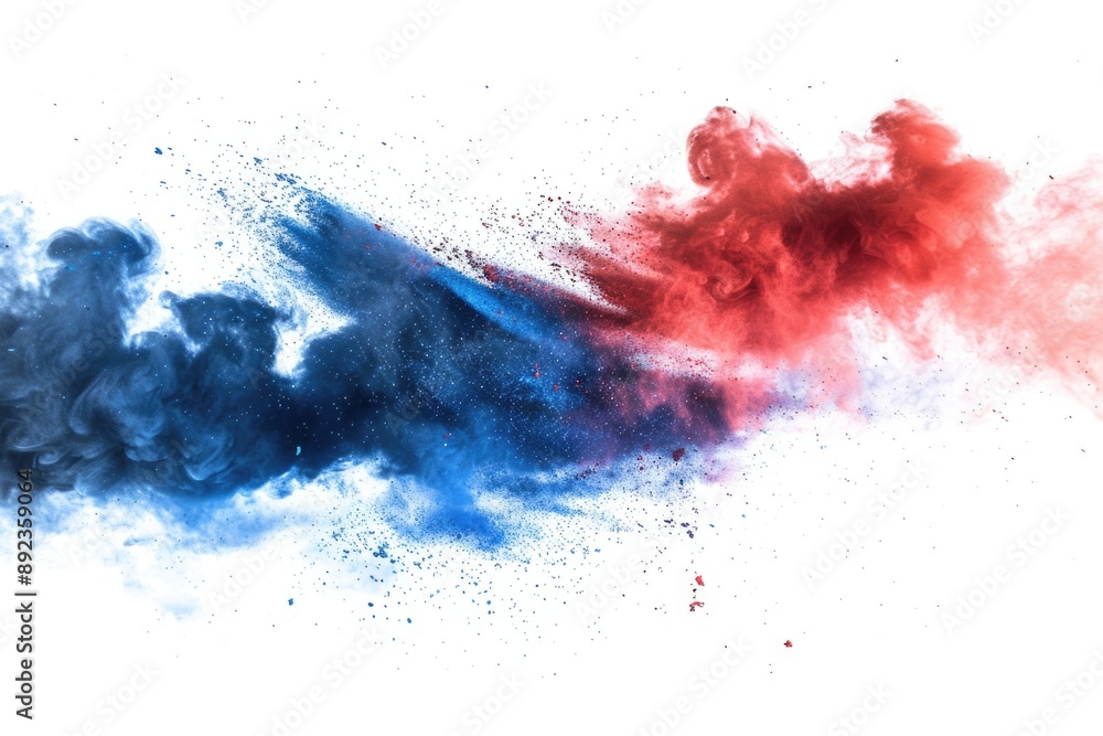 A vibrant red and blue powder cloud fills the frame, set against a bright white background A vibrant red and blue powder cloud fills the frame, set against a bright white background