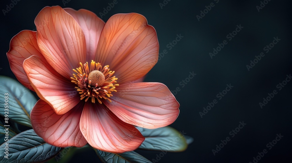 Fototapeta premium A pink flower with yellow center blooms on blue
